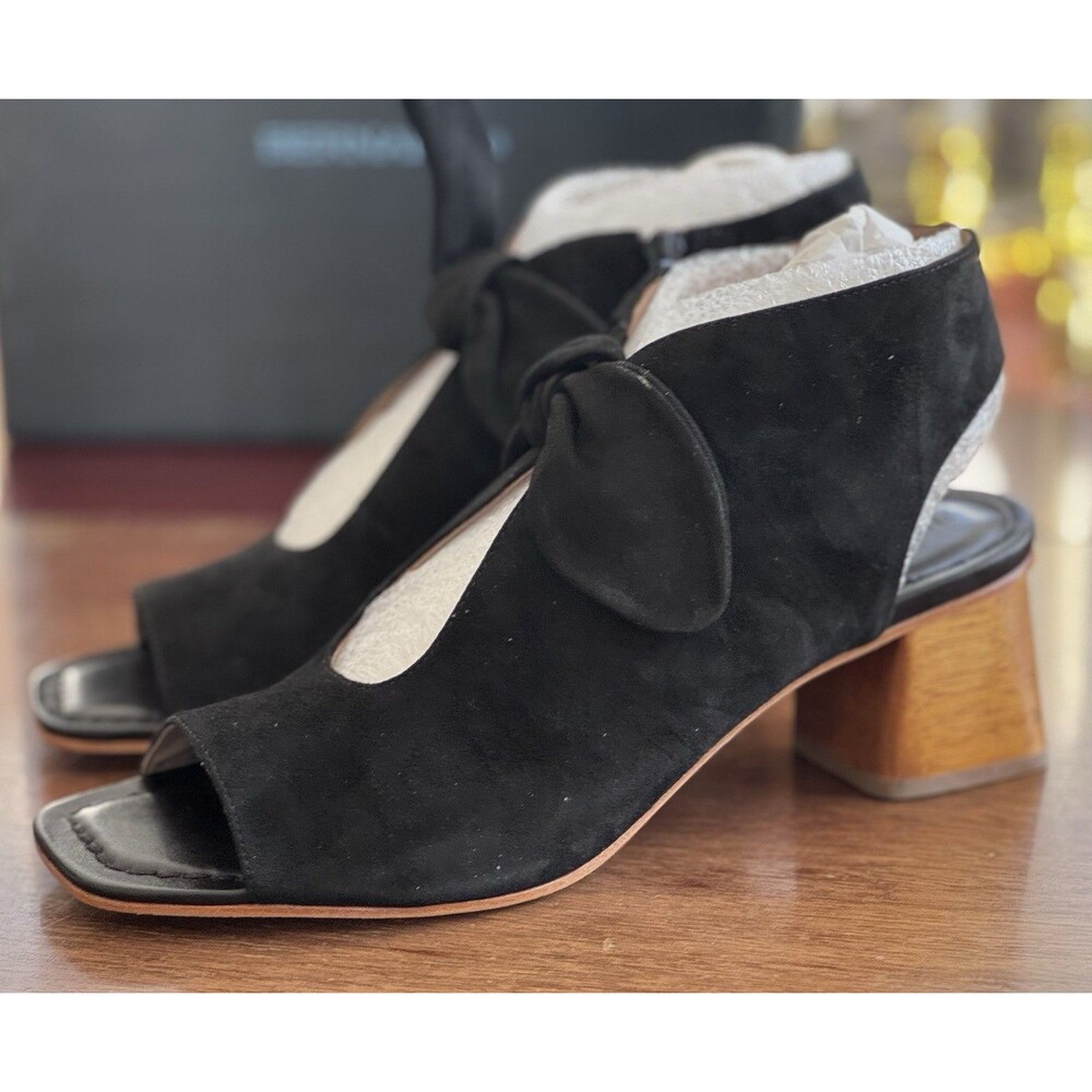 Women's 12 Bernardo Lizzy Black Kid Suede Open Toe Block Heel Sandals New In Box